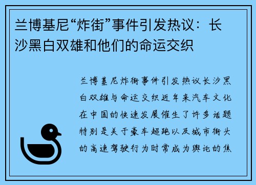 兰博基尼“炸街”事件引发热议：长沙黑白双雄和他们的命运交织