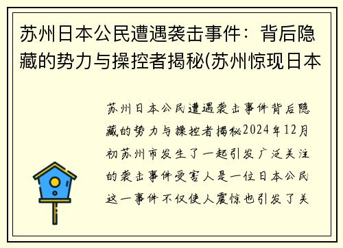 苏州日本公民遭遇袭击事件：背后隐藏的势力与操控者揭秘(苏州惊现日本街)