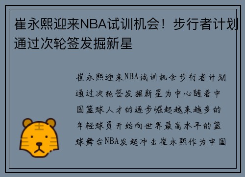 崔永熙迎来NBA试训机会！步行者计划通过次轮签发掘新星